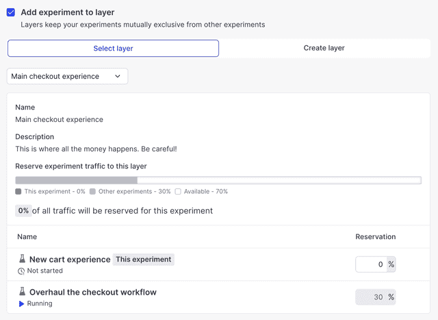 Adding a new experiment to an existing layer.