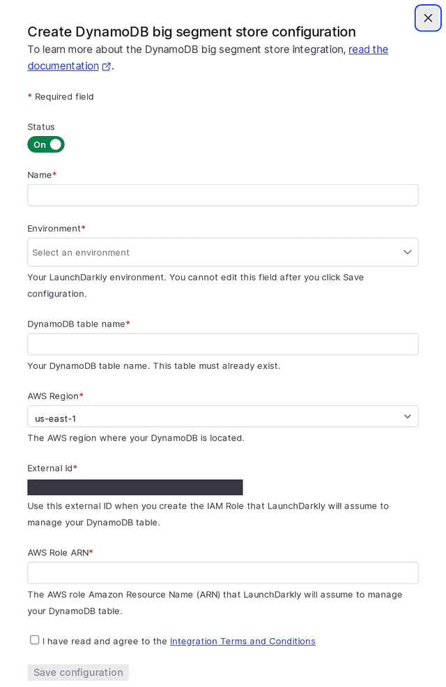 The "Create configuration" panel for a DynamoDB integration.