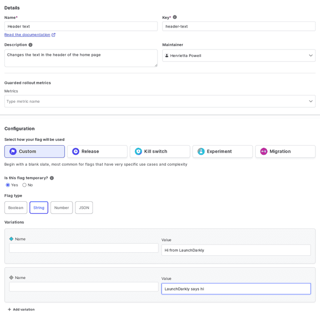 The "Create a feature flag" panel with string flag options chosen.