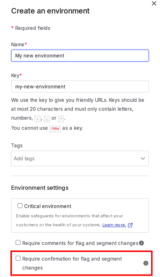 The "Create an environment" panel with the "Require confirmation" checkbox called out.