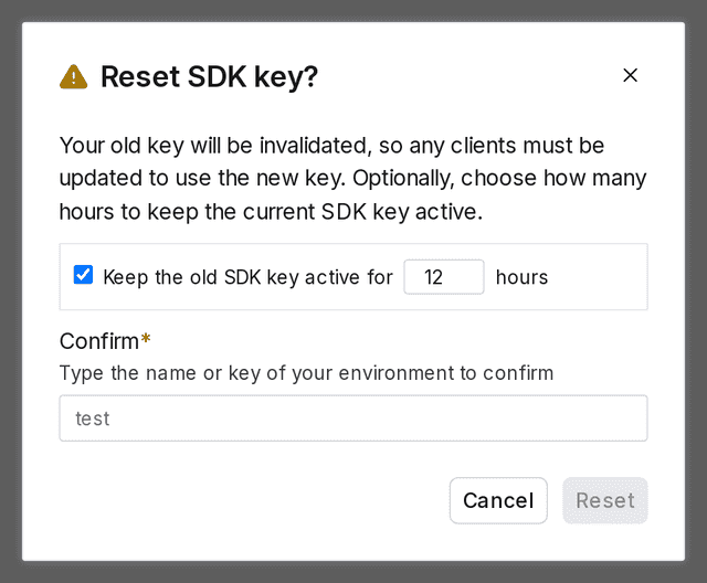 The SDK key reset dialog.