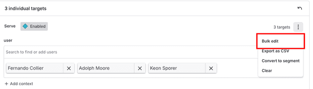 The "Individual targets" section with the "Bulk edit" option called out for user contexts.