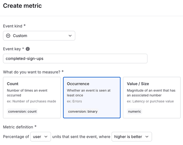 The "Create metric" dialog for a new custom conversion binary metric.