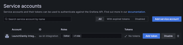 The "Service accounts" tab in Grafana.