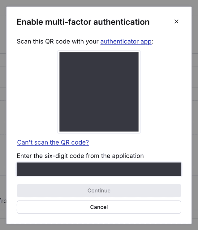 The "Enable multi-factor authentication" dialog with an obscured six digit code.