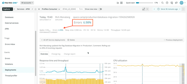 The New Relic One Deployments dashboard.