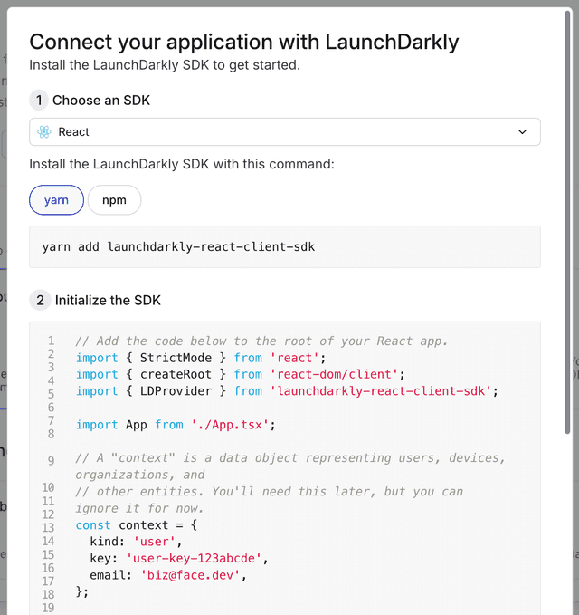 The "Connect your app with LaunchDarkly" screen, displaying the React installation command and code sample.