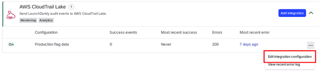 The "AWS CloudTrail Lake" section with the "Edit integration configuration" option called out.