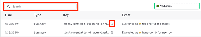 The list of context events, with the "Copy to clipboard" button and the search field called out.