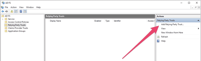 The ADFS Management tool, with the "Add Relying Party Trust..." option called out.