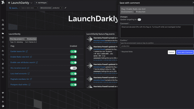 The "Save with comment" dialog for making flag changes within the Datadog dashboard widget.