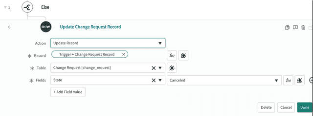 A ServiceNow update change request record action that moves the "State" to "Canceled."