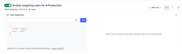 The "Test targeting" section, populated with an example context kind and key.