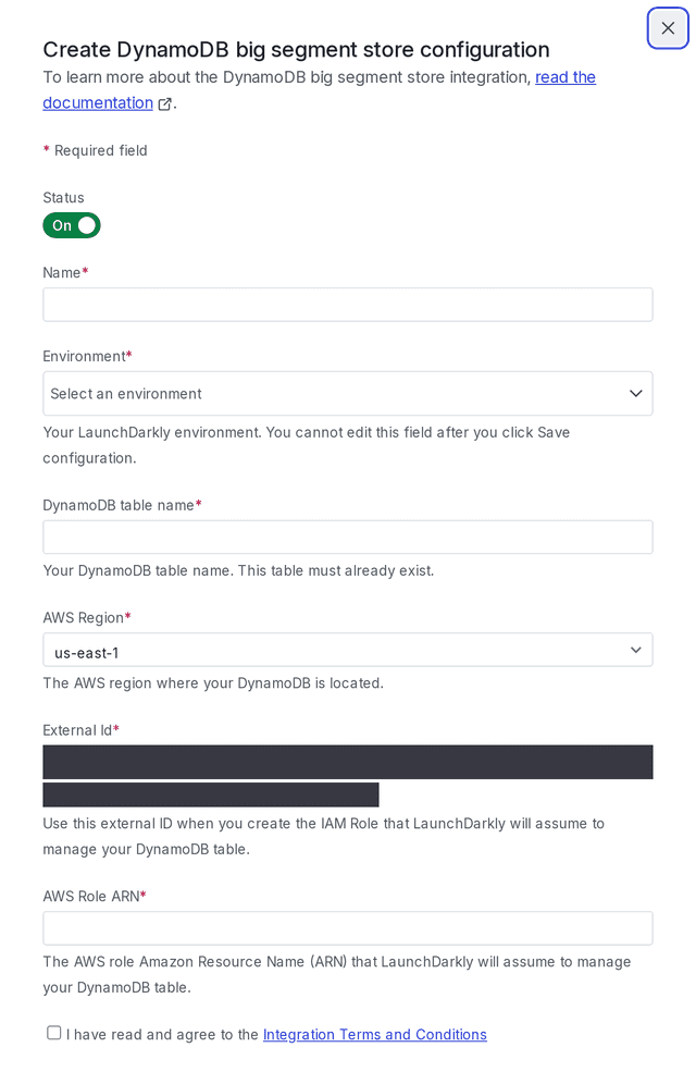 The "Create configuration" panel for a DynamoDB integration.