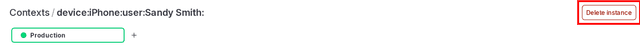 A context instance detail page with the "Delete" button called out.