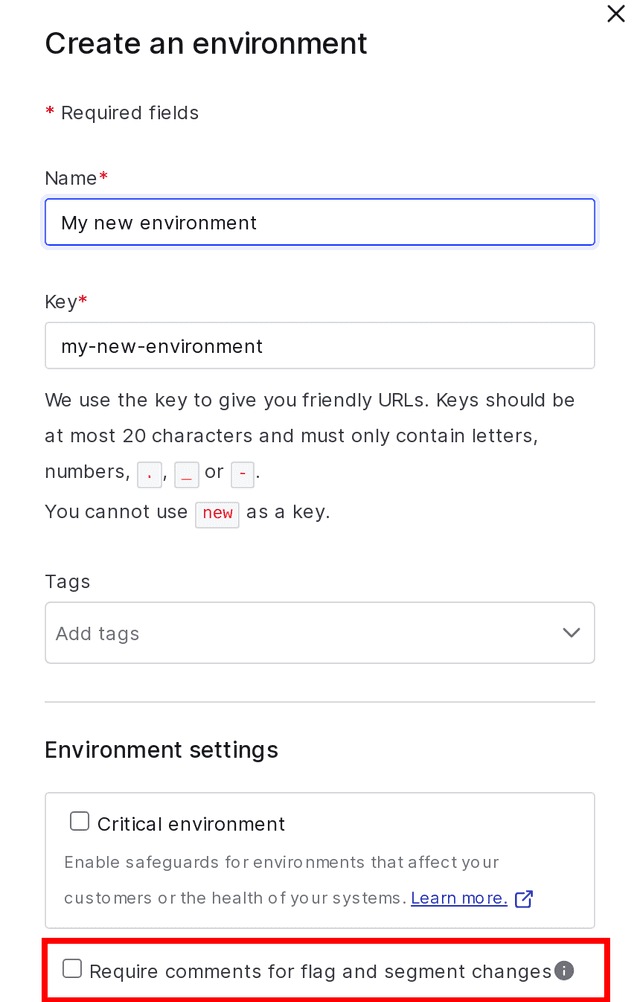 The "Create an environment" panel with the "Require comments" checkbox called out.