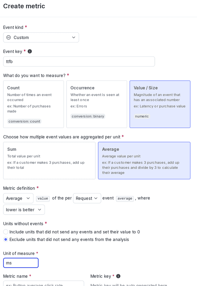 The "Create metric" dialog for a secondary custom numeric metric.