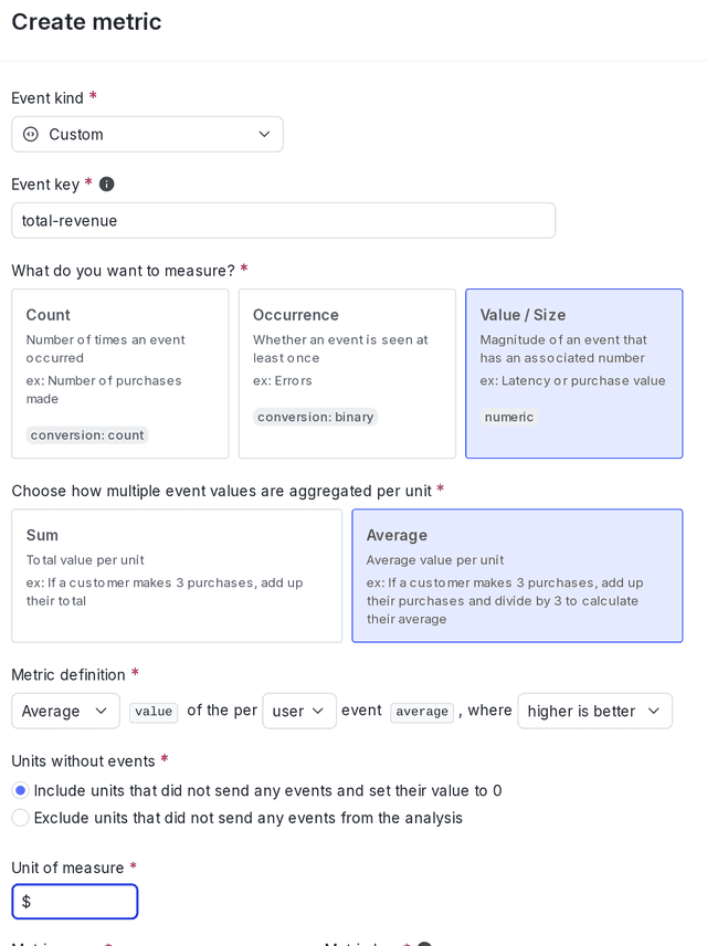 The "Create metric" dialog for a custom numeric metric.