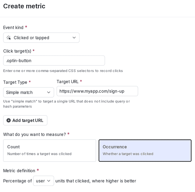 The "Create metric" dialog for a click conversion metric.