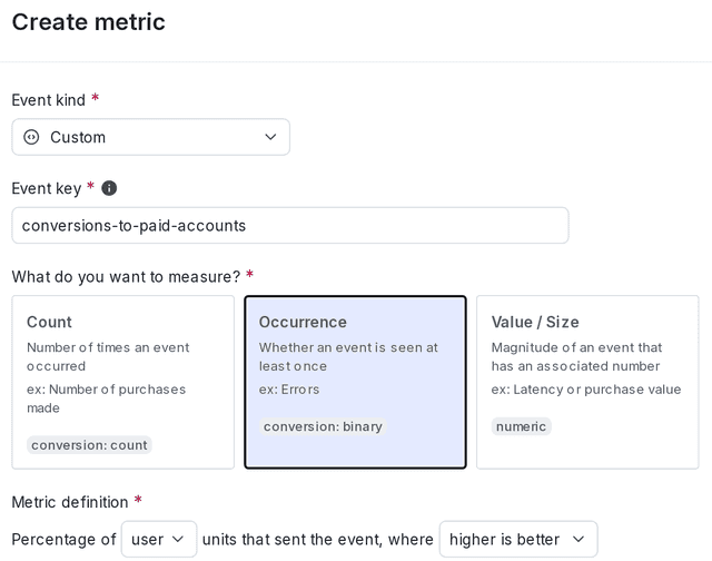 The "Create metric" dialog for a custom conversion binary metric.