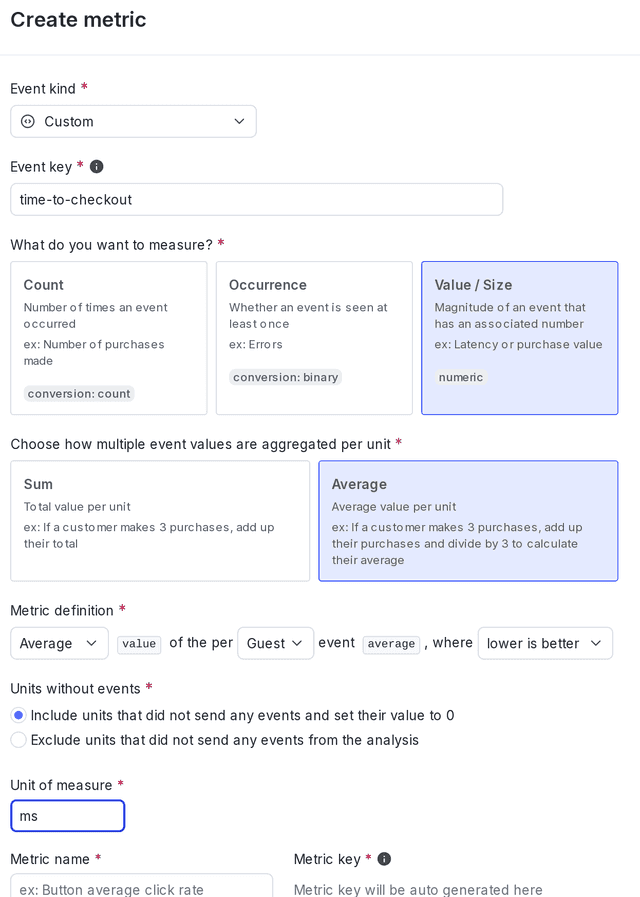 The "Metric definition" section for a custom numeric metric.