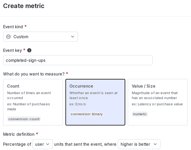 The "Create metric" dialog for a new custom conversion binary metric.