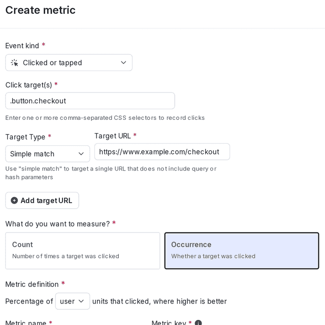 The "Create metric" dialog for a new click conversion metric.