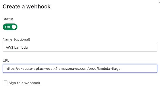 Creation of a LaunchDarkly webhook which sends flag updates to a Lambda function.