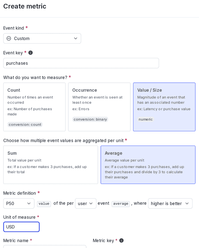 The metric creation dialog.