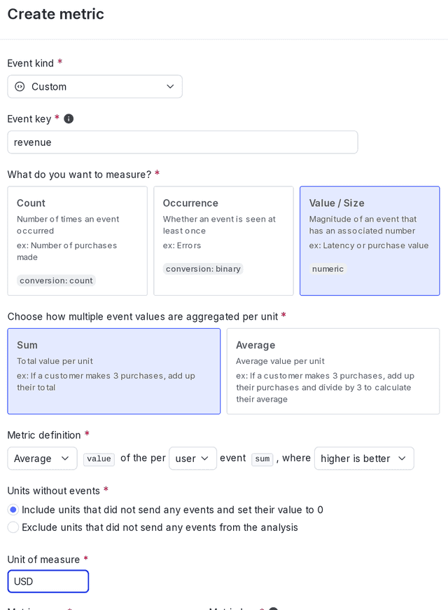 The metric creation dialog.