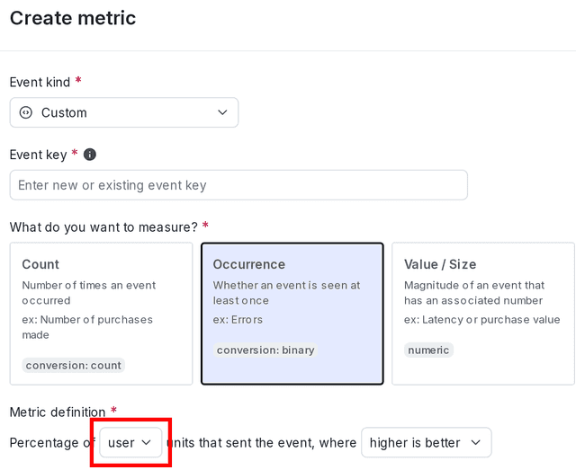 The "Metric definition" section of a new metric with the randomization unit mapping field called out.