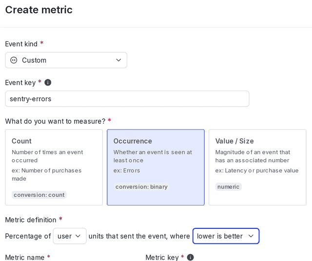 The metric creation dialog.