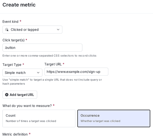 A clicked or tapped metric with a "user" randomization unit.