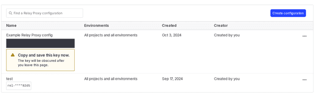 The "Relay proxy" page with a newly created Relay Proxy configuration. The key is displayed.