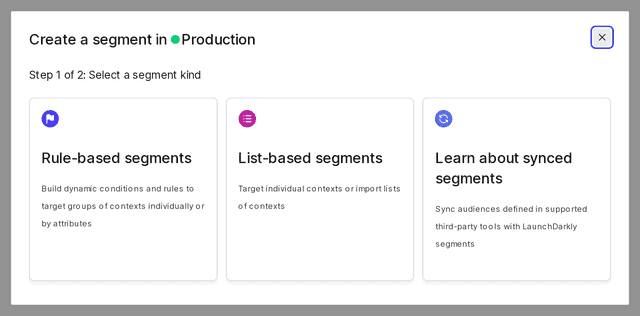 The "Select a segment kind" step of the "Create a new segment" dialog