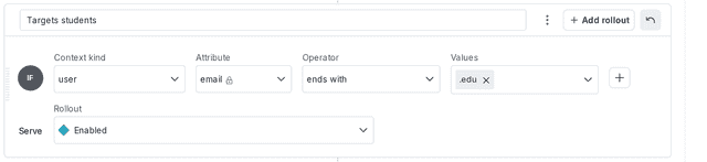 A targeting rule that serves "Available" to all user contexts that contain an "email" attribute with a value that ends in ".edu".