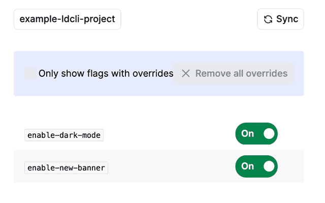 The user interface for the LaunchDarkly CLI dev-server, connected to project "example-ldcli-project."