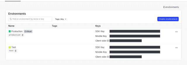 A list of environments within a project, including SDK credentials.