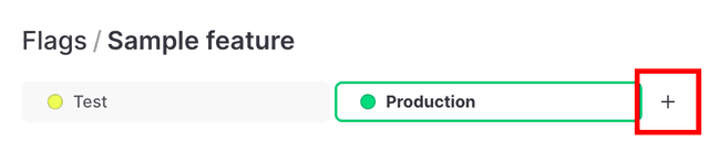 The flag's "Targeting" tab with the "+" icon to add environments called out.