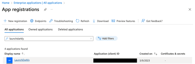 The App registrations page in Entra ID.