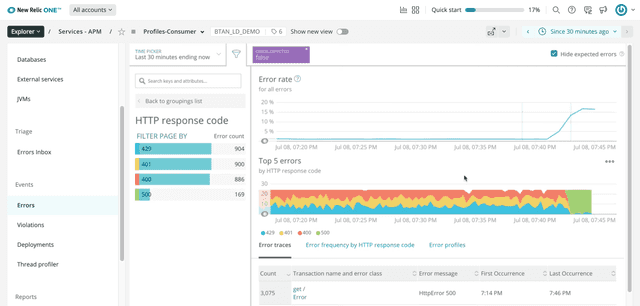 The New Relic One Error analytics dashboard.