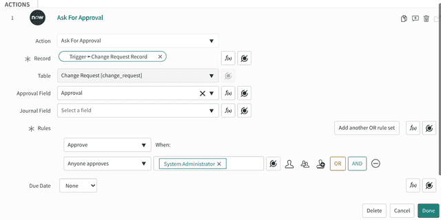 A ServiceNow "Ask For Approval" action configuration.