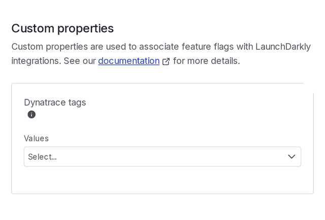 The "Custom Properties" section of a flag page, shown with Dynatrace tags.