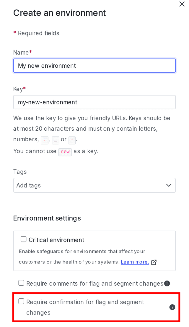The "Create an environment" panel with the "Require confirmation" checkbox called out.