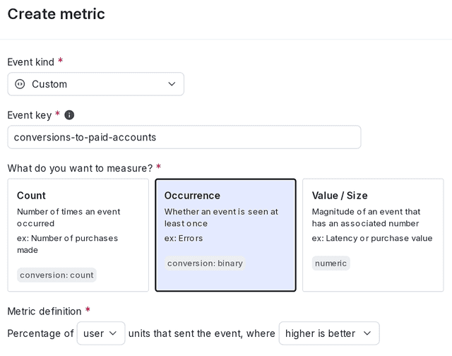 The "Create metric" dialog for a custom conversion binary metric.