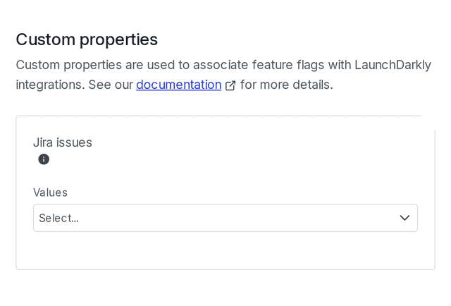 A flag's custom property configuration fields, for the existing "Jira issues" property.