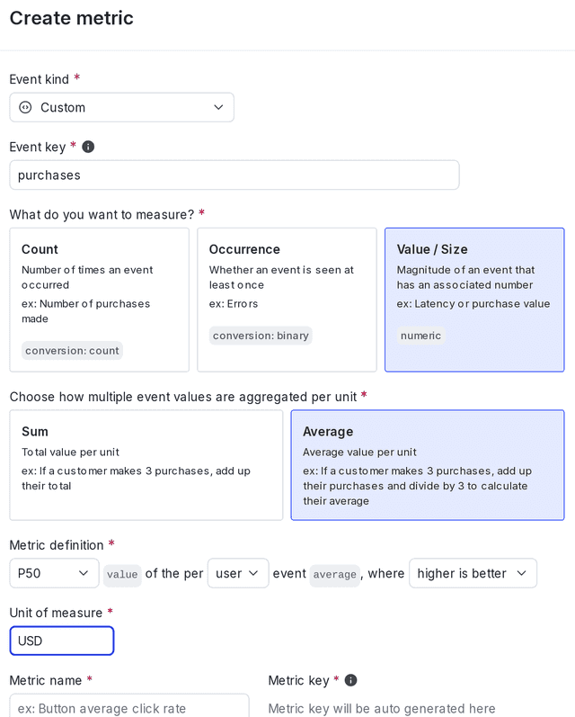 The metric creation dialog.