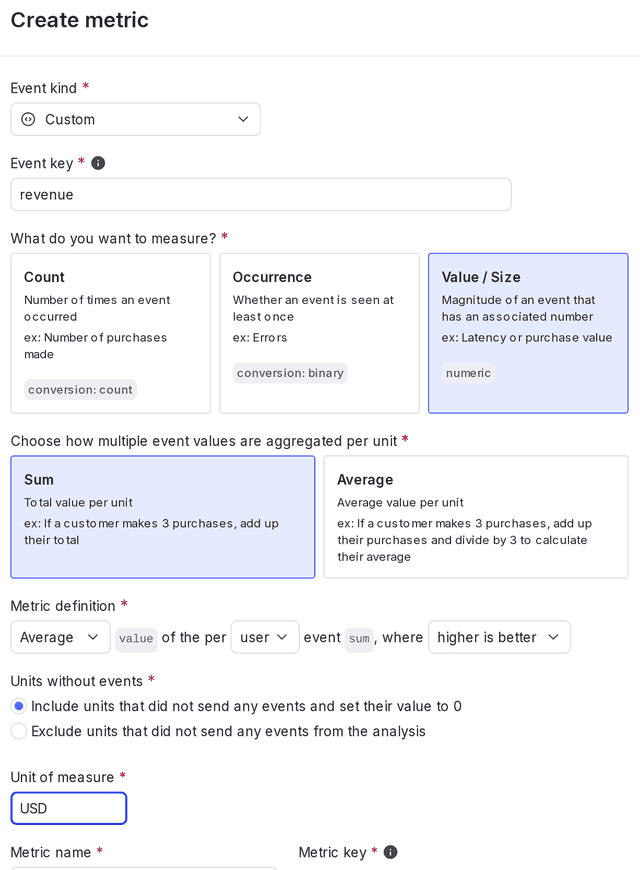 The metric creation dialog.