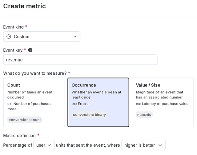 The metric creation dialog.