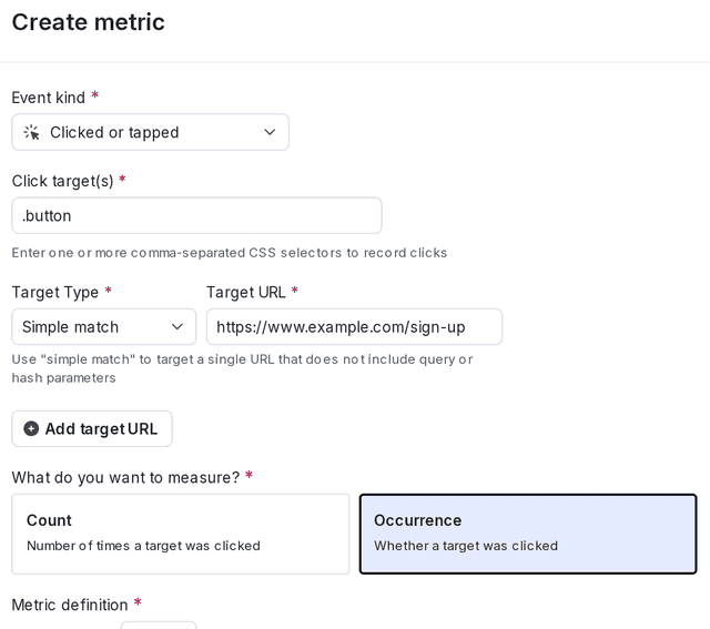 A clicked or tapped metric with a "user" randomization unit.